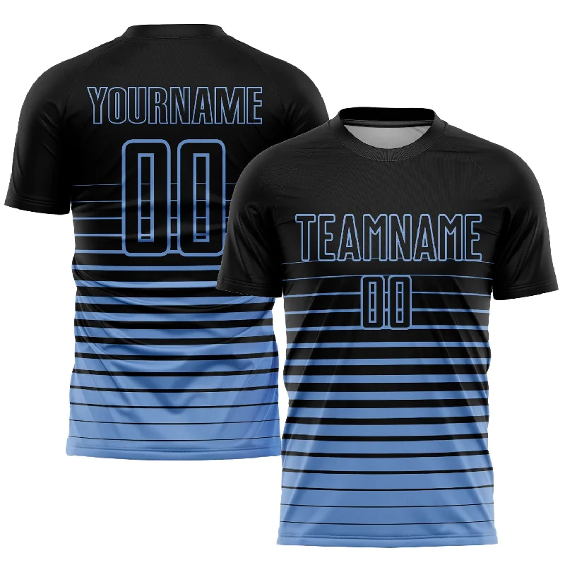 Custom soccer jersey with your favorite team-Custom Black Light Blue Pinstripe Fade Fashion Sublimation Soccer Uniform Jersey