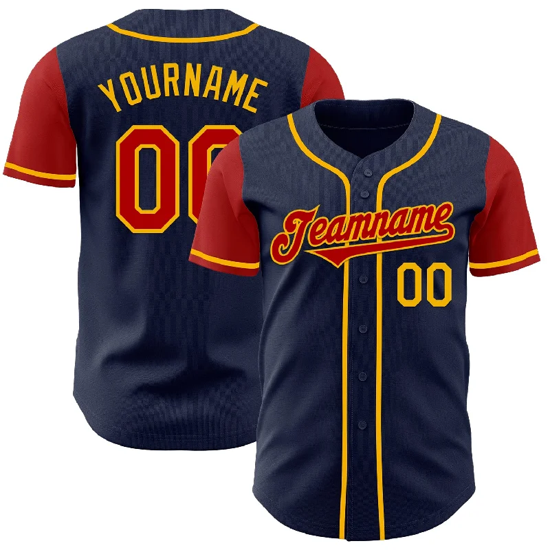 Team baseball jersey with embroidered logos and numbers-Custom Navy Red-Gold Authentic Two Tone Baseball Jersey