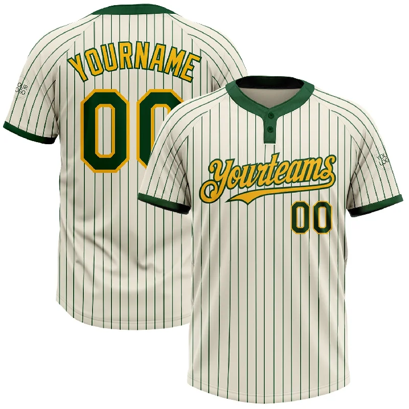 Premium softball jersey for tournaments-Custom Cream Green Pinstripe Gold Two-Button Unisex Softball Jersey