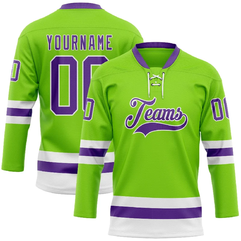 Hockey jersey with side mesh panels for breathability-Custom Neon Green Purple-White Hockey Lace Neck Jersey