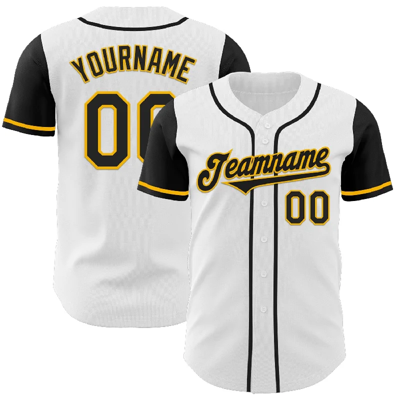 Personalized baseball jersey with embroidery options-Custom White Black-Gold Authentic Two Tone Baseball Jersey