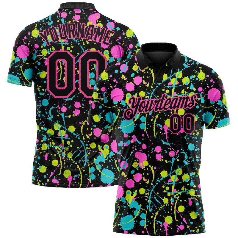 Stylish golf polo shirt with a zip-up collar-Custom Graffiti Pattern Black-Pink 3D Neon Splatter Performance Golf Polo Shirt