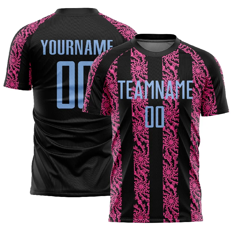 Personalized soccer jersey for team photo sessions-Custom Black Light Blue-Pink Abstract Shape Sublimation Soccer Uniform Jersey