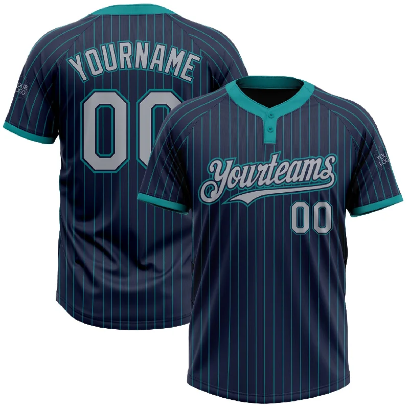 Softball jersey with quick-dry technology for hot weather-Custom Navy Teal Pinstripe Gray Two-Button Unisex Softball Jersey