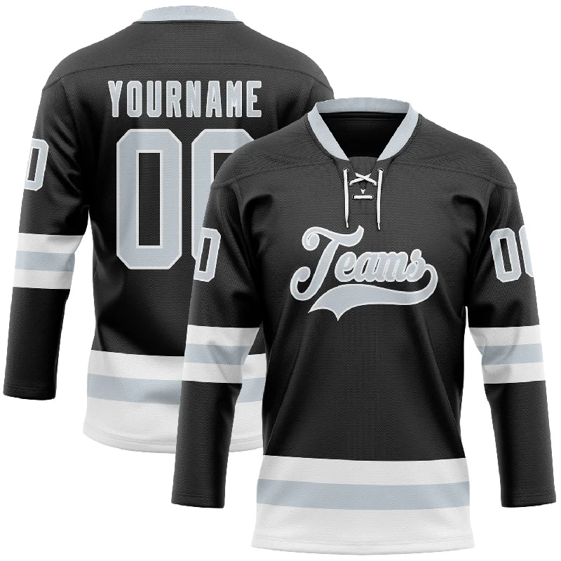 High-performance hockey jersey for players-Custom Black Silver-White Hockey Lace Neck Jersey