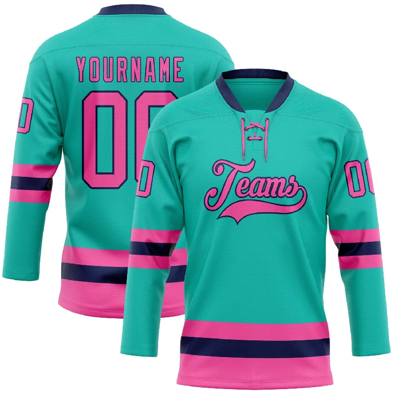 Custom hockey jersey with high-tech moisture control-Custom Aqua Pink-Navy Hockey Lace Neck Jersey