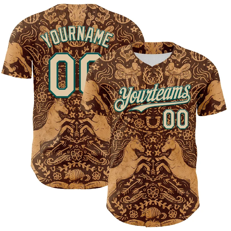 Team baseball jersey with sporty and professional look-Custom Brown City Cream-Midnight Green 3D Emi Bee Cowpoke Damask Authentic Baseball Jersey