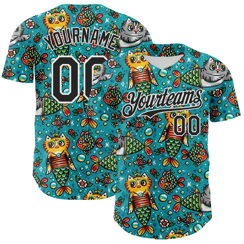 Custom baseball jersey with moisture-wicking technology-Custom Teal Black-White 3D Emi Bee Purrmaids Authentic Baseball Jersey