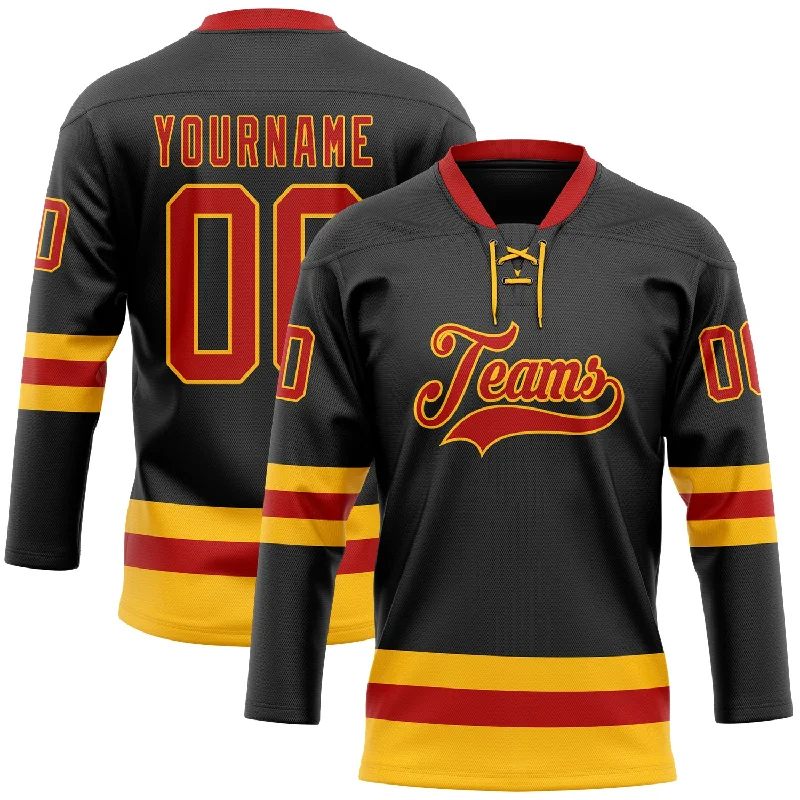 Custom hockey jersey for youth teams-Custom Black Red-Gold Hockey Lace Neck Jersey