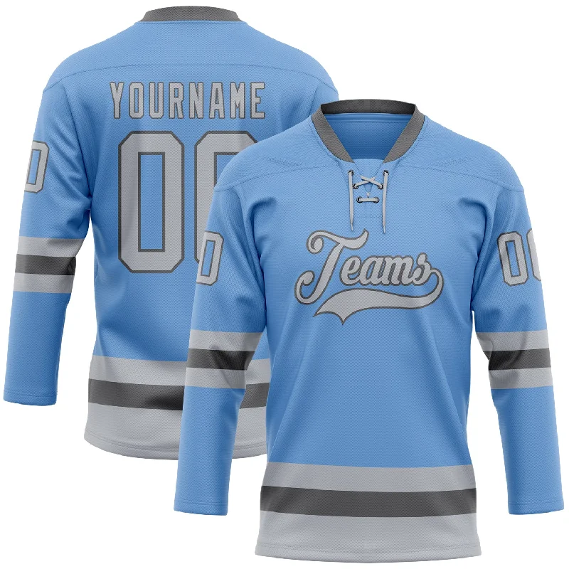 Personalized hockey jersey with vintage-inspired look-Custom Light Blue Gray-Steel Gray Hockey Lace Neck Jersey