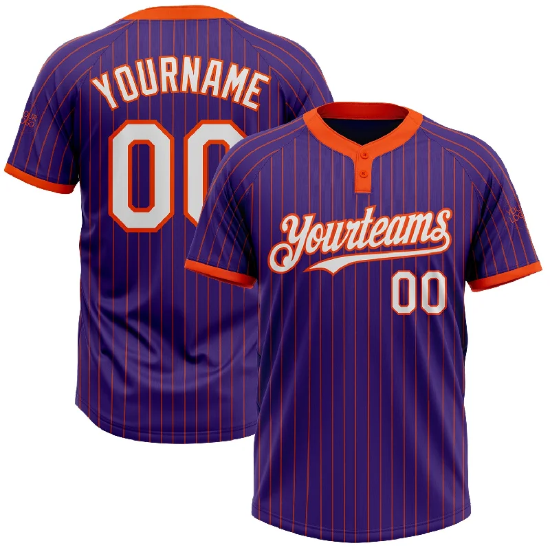 Custom softball jersey with vibrant colors and patterns-Custom Purple Orange Pinstripe White Two-Button Unisex Softball Jersey