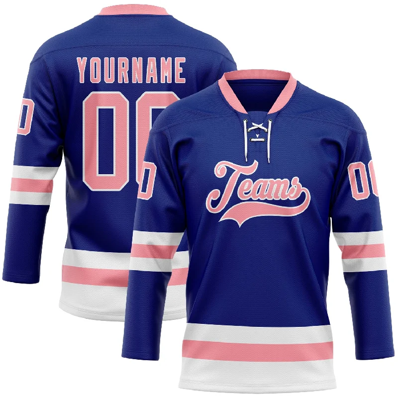 Custom hockey jersey with added ventilation for air circulation-Custom Royal Medium Pink-White Hockey Lace Neck Jersey