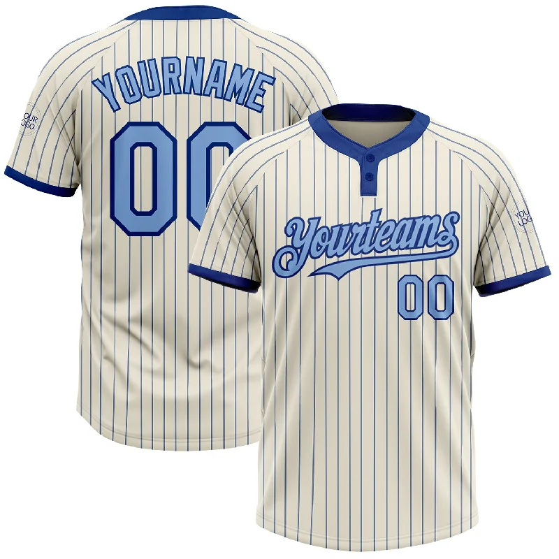 Softball jersey with high stretch for free movement during play-Custom Cream Royal Pinstripe Light Blue Two-Button Unisex Softball Jersey