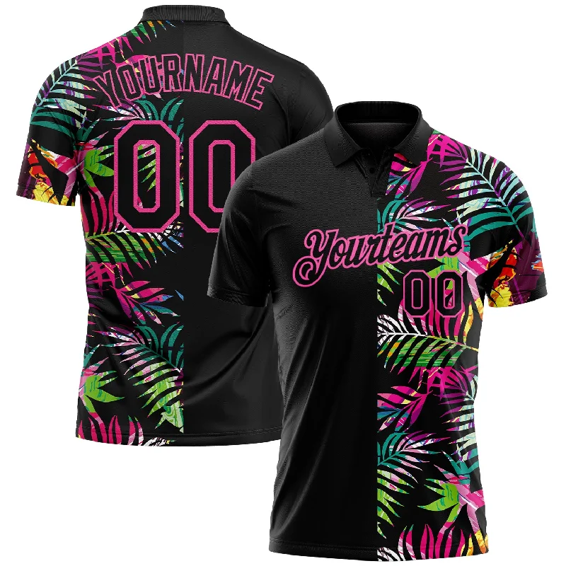 Stylish golf polo shirt for women-Custom Black Pink 3D Pattern Design Tropical Hawaii Palm Leaves Performance Golf Polo Shirt