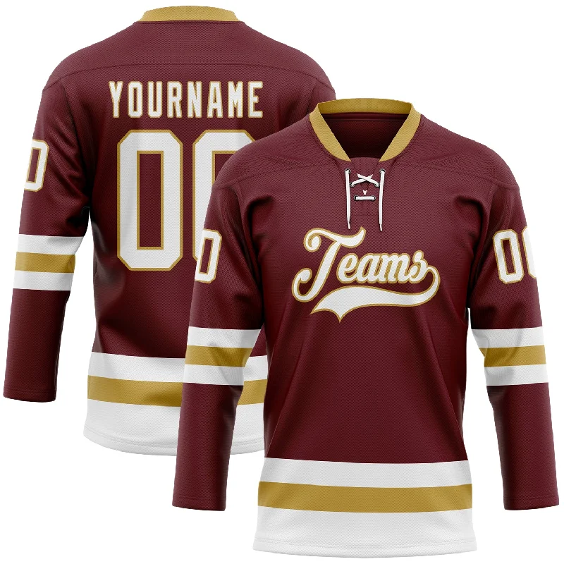 Personalized hockey jersey with name and number-Custom Burgundy White-Old Gold Hockey Lace Neck Jersey