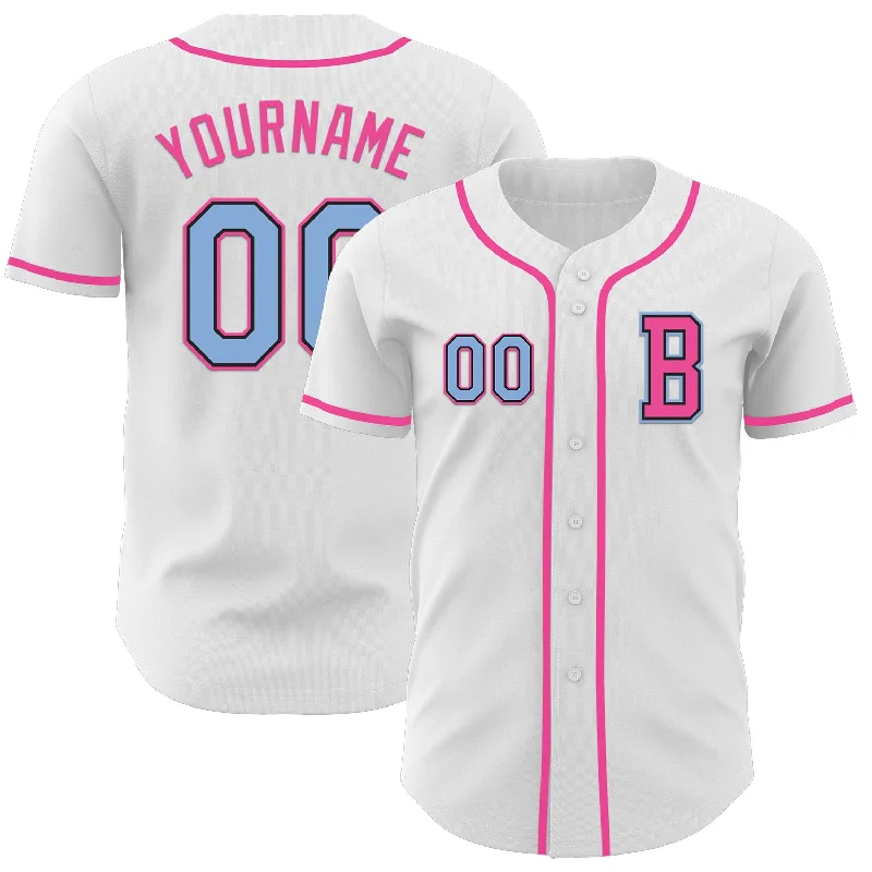 Custom MLB-style baseball jersey-Custom White Light Blue Black-Pink Authentic Baseball Jersey