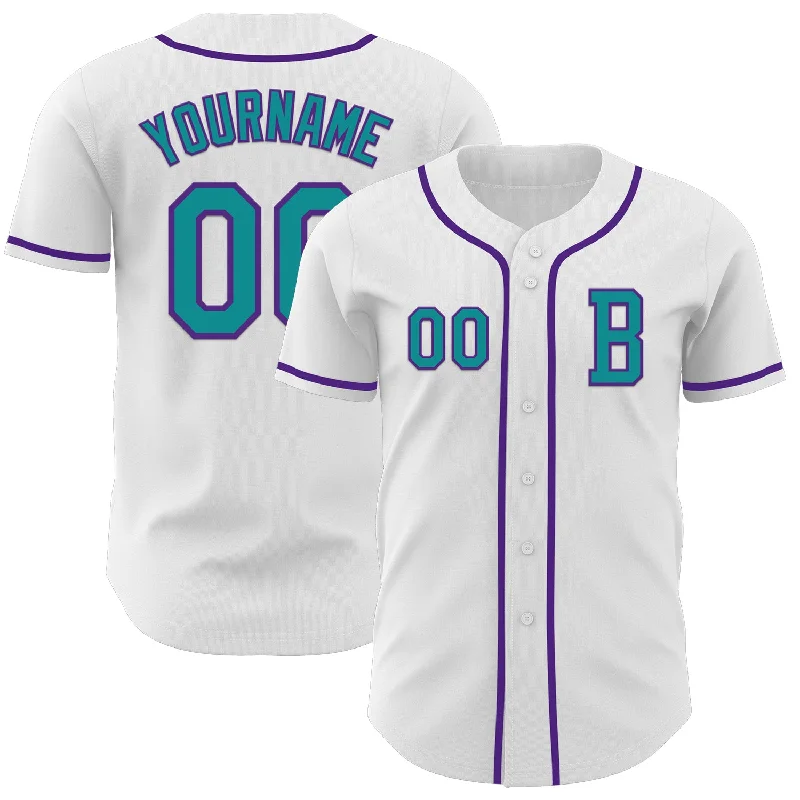 Custom baseball jersey with player name and number-Custom White Teal-Purple Authentic Baseball Jersey