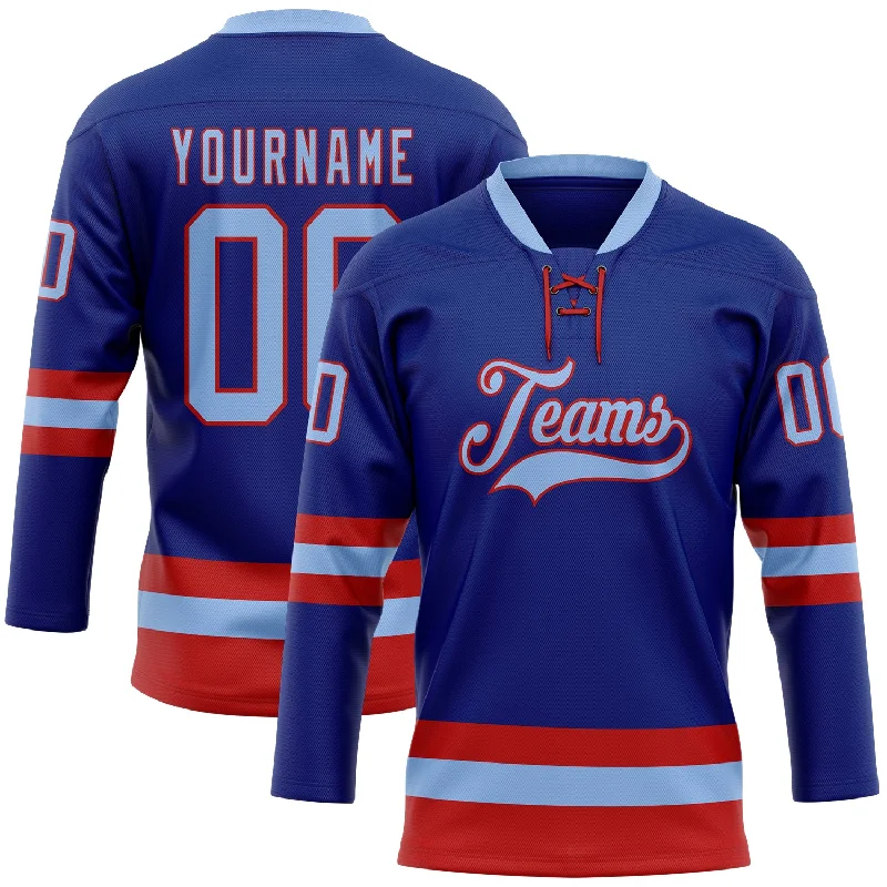 Personalized hockey jersey for tournament giveaways-Custom Royal Light Blue-Red Hockey Lace Neck Jersey