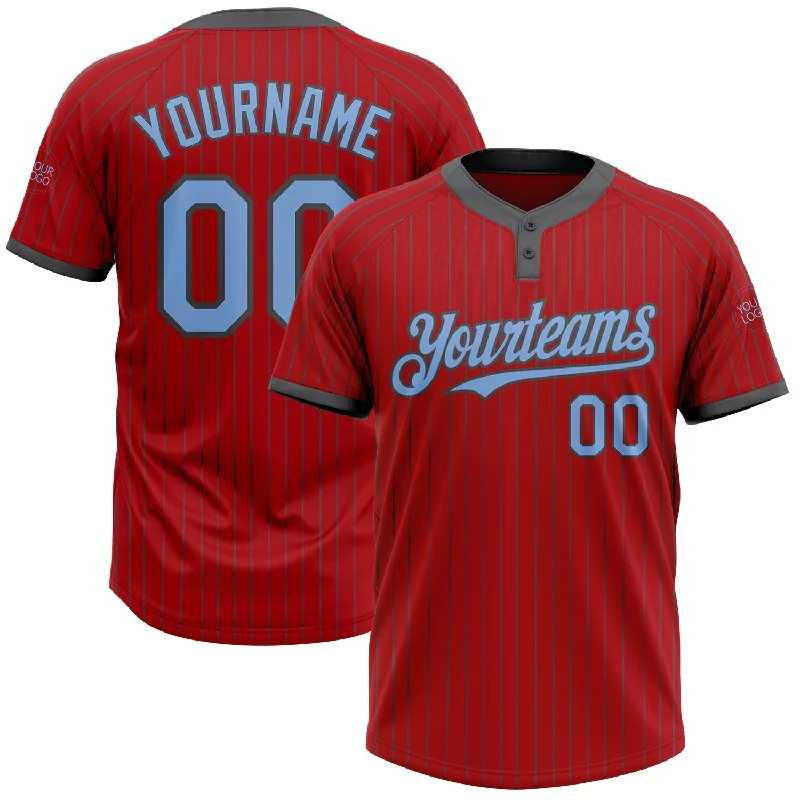 Softball jersey with moisture-wicking fabric-Custom Red Steel Gray Pinstripe Light Blue Two-Button Unisex Softball Jersey