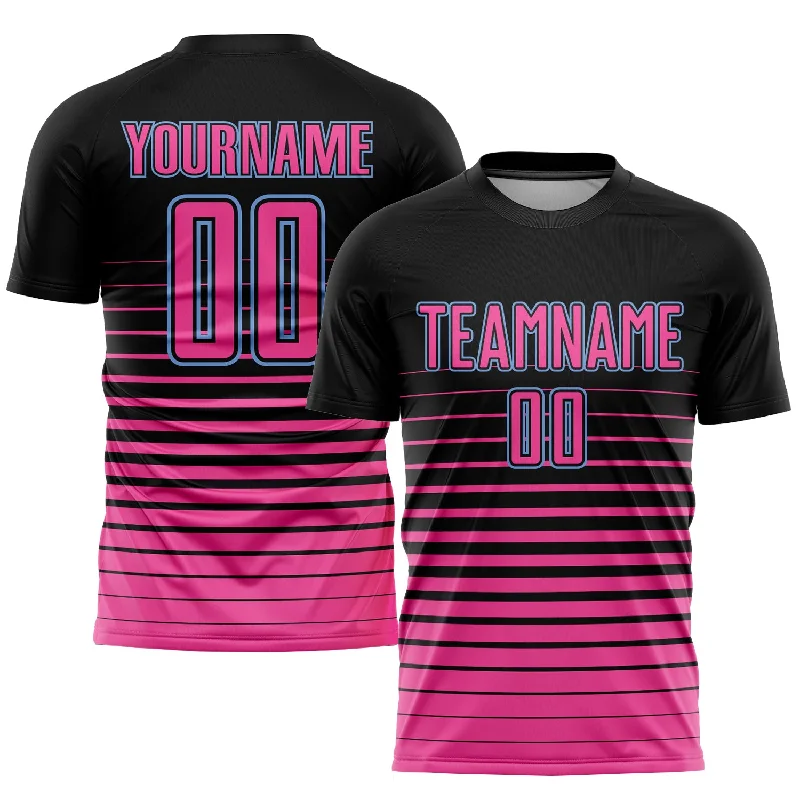 Personalized soccer jersey with bold graphic prints-Custom Black Pink-Light Blue Pinstripe Fade Fashion Sublimation Soccer Uniform Jersey