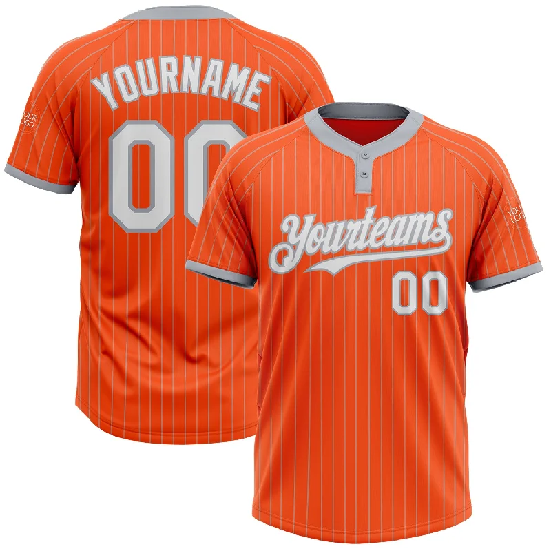 Softball jersey with a high-quality print for logos and numbers-Custom Orange Gray Pinstripe White Two-Button Unisex Softball Jersey