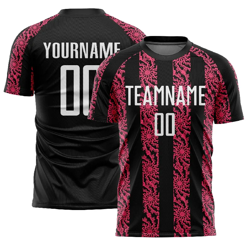 Retro-inspired soccer jersey with classic look-Custom Black White-Neon Pink Abstract Shape Sublimation Soccer Uniform Jersey