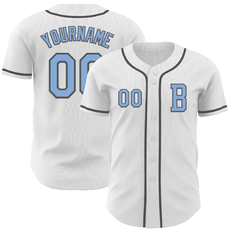 Personalized baseball jersey with embroidery options-Custom White Light Blue-Steel Gray Authentic Baseball Jersey