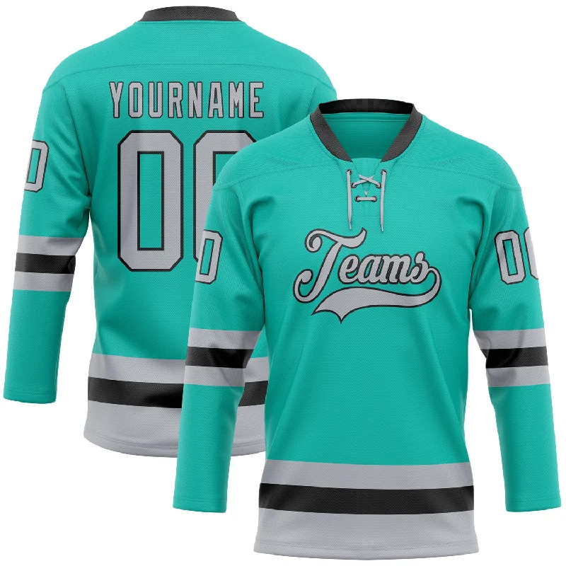 Custom hockey jersey with signature team logos-Custom Aqua Gray-Black Hockey Lace Neck Jersey