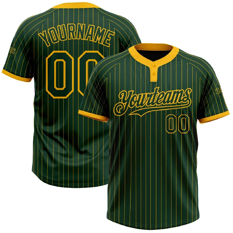 Custom softball jersey for tournaments and leagues-Custom Green Gold Pinstripe Gold Two-Button Unisex Softball Jersey