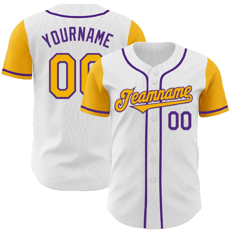 Custom baseball jersey with easy care and durability-Custom White Gold-Purple Authentic Two Tone Baseball Jersey