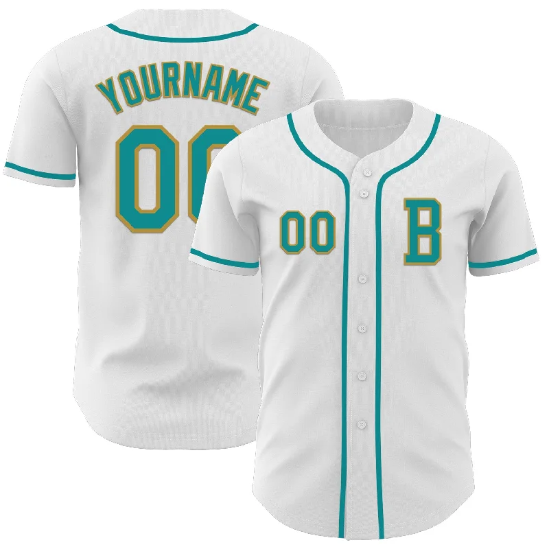 Baseball jersey with matching cap and accessories-Custom White Teal-Old Gold Authentic Baseball Jersey