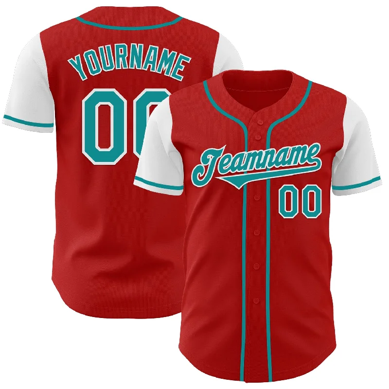 Personalized baseball jersey for team gifts-Custom Red Teal-White Authentic Two Tone Baseball Jersey