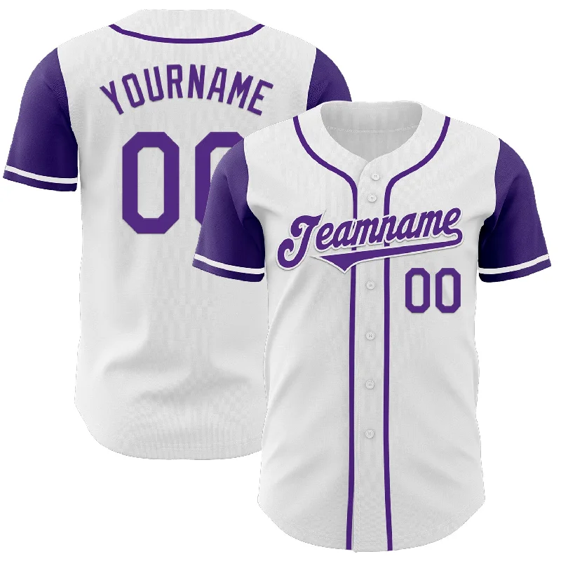 Personalized baseball jersey for coaches and staff-Custom White Purple Authentic Two Tone Baseball Jersey