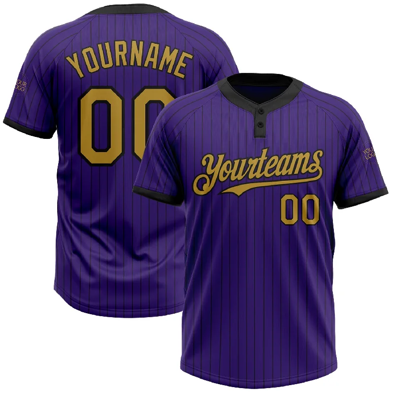 Custom softball jersey for tournaments and leagues-Custom Purple Black Pinstripe Old Gold Two-Button Unisex Softball Jersey