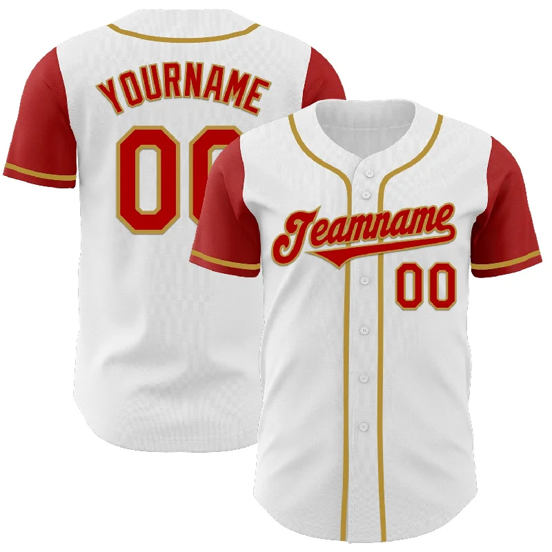 Authentic baseball jersey with embroidered logo-Custom White Red-Old Gold Authentic Two Tone Baseball Jersey