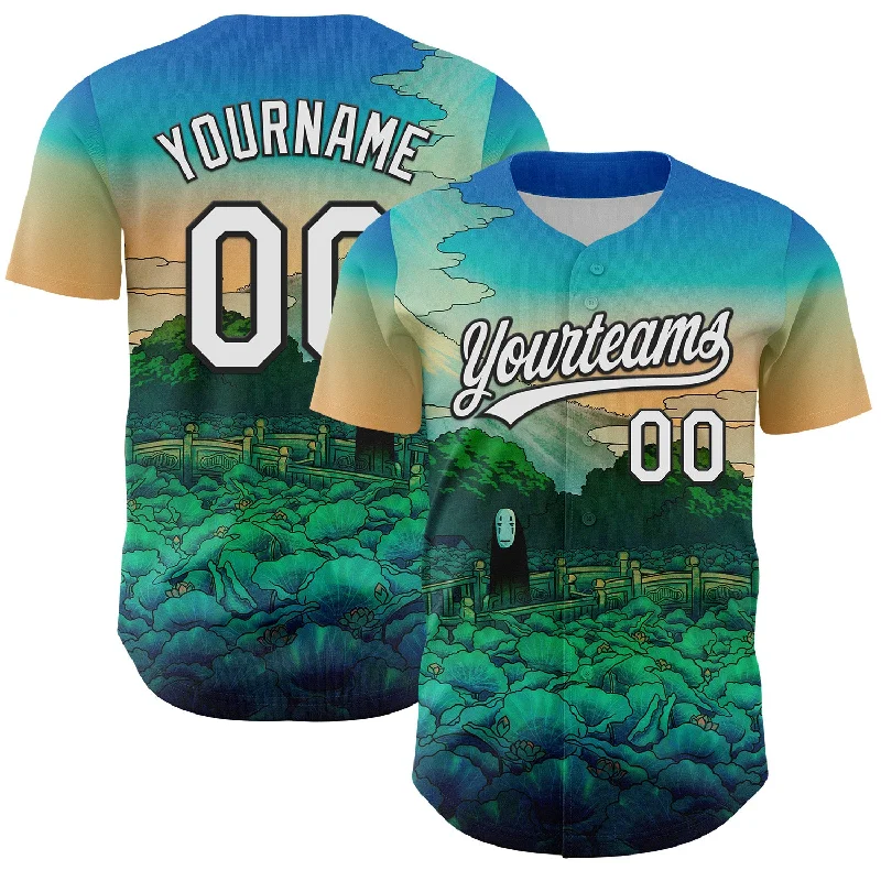 Custom MLB-inspired baseball jersey for sports fans-Custom Green White-Black 3D Syntetyc Lotus Pond Spirit Authentic Baseball Jersey