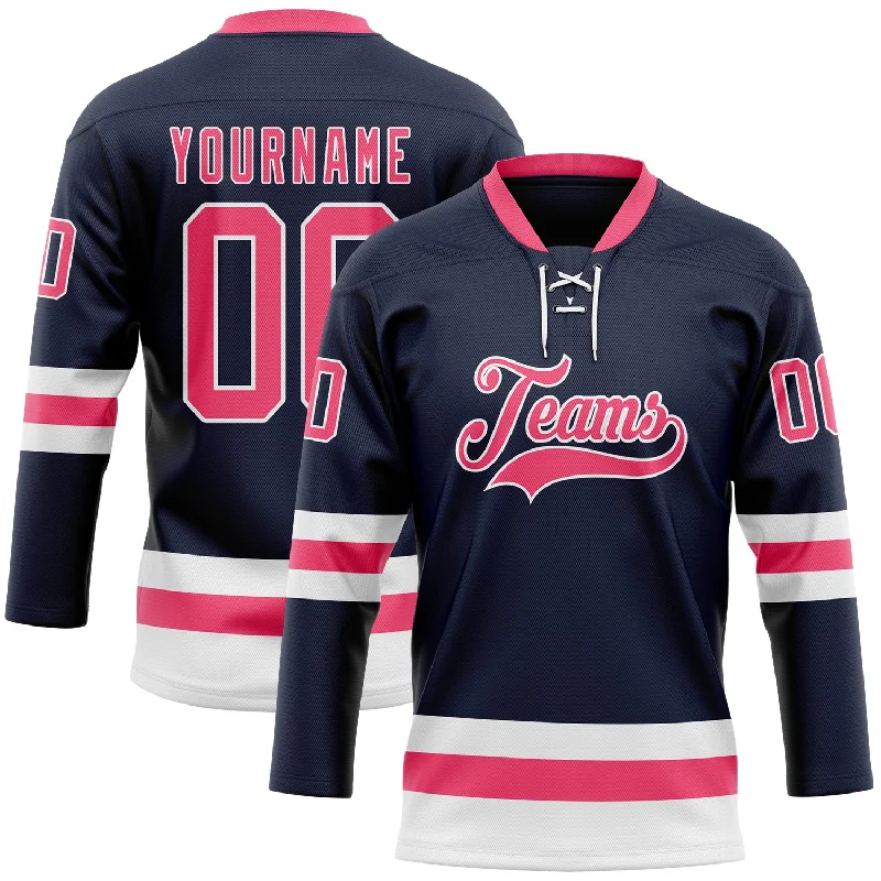 Hockey jersey with performance fabric for athletes-Custom Navy Neon Pink-White Hockey Lace Neck Jersey