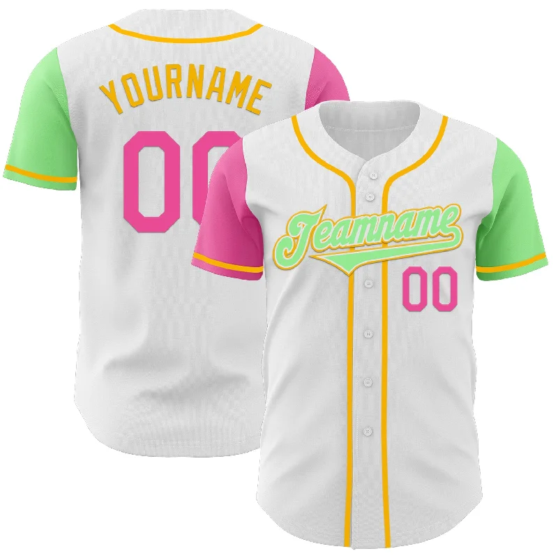 Custom-made baseball jersey for fans and players-Custom White Pink Pea Green-Gold Authentic Two Tone Baseball Jersey