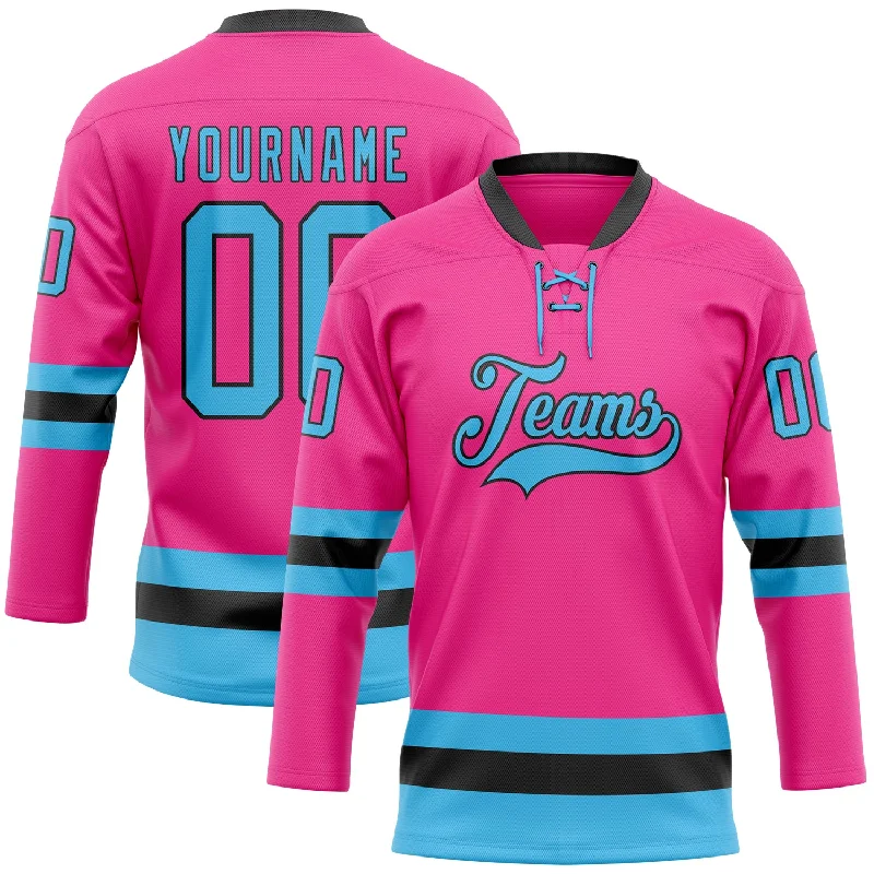 Custom hockey jersey with bold team branding-Custom Pink Sky Blue-Black Hockey Lace Neck Jersey