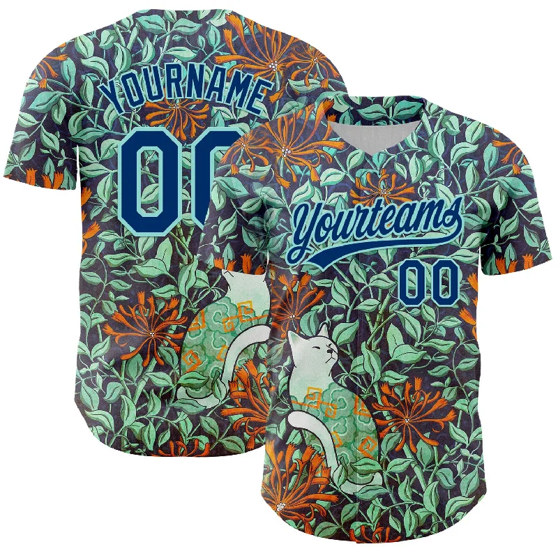 Soft and comfortable baseball jersey for casual wear-Custom Green US Navy Blue-Ice Blue 3D Syntetyc Cat And Honeysuckle Authentic Baseball Jersey