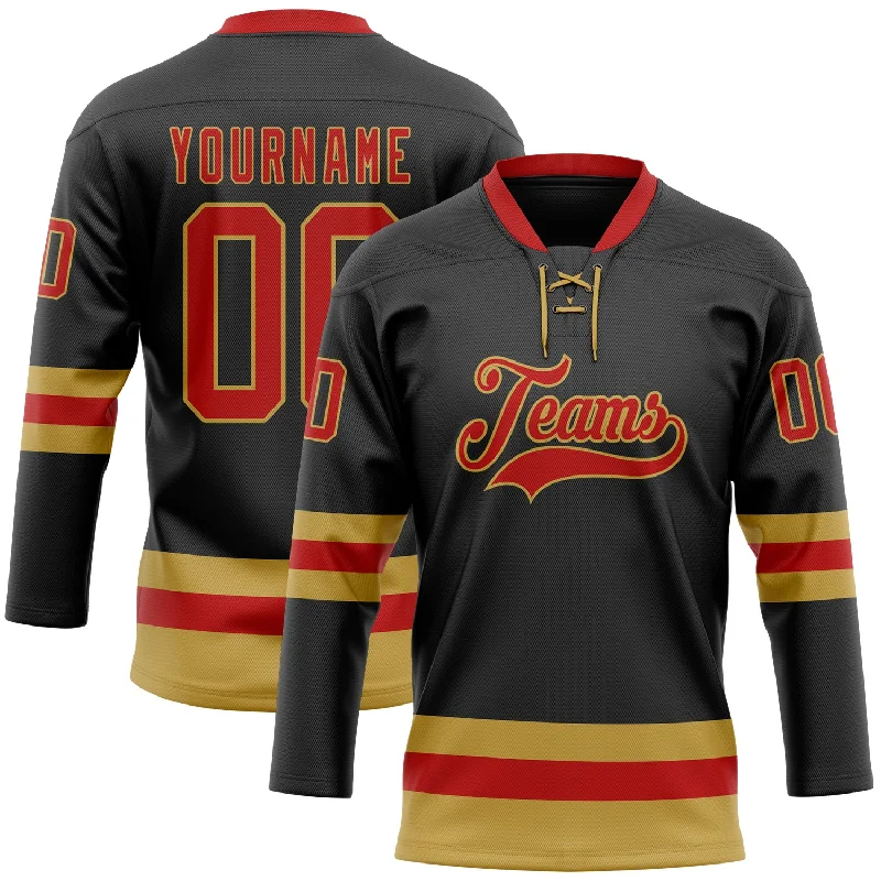 Retro style hockey jersey for fans-Custom Black Red-Old Gold Hockey Lace Neck Jersey