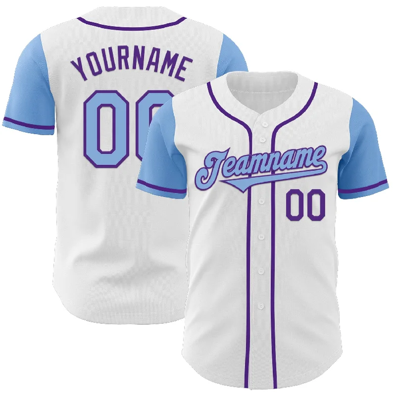 Personalized baseball jersey for sports fans-Custom White Light Blue-Purple Authentic Two Tone Baseball Jersey