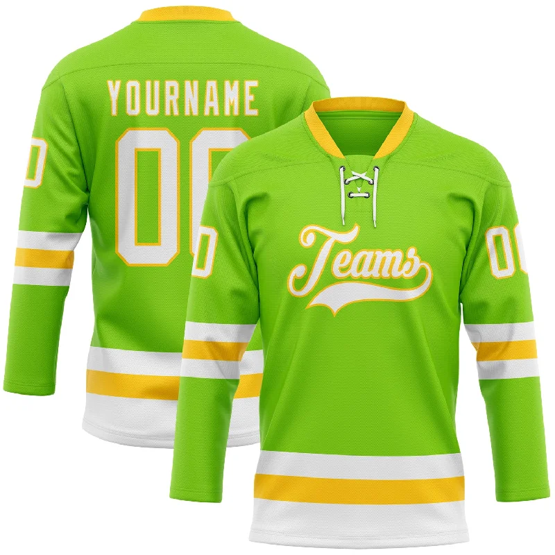 Custom hockey jersey with sleek design-Custom Neon Green White-Yellow Hockey Lace Neck Jersey