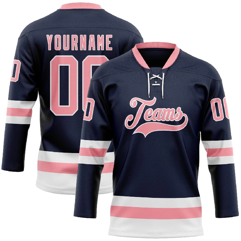 Personalized hockey jersey for fan merchandise-Custom Navy Medium Pink-White Hockey Lace Neck Jersey