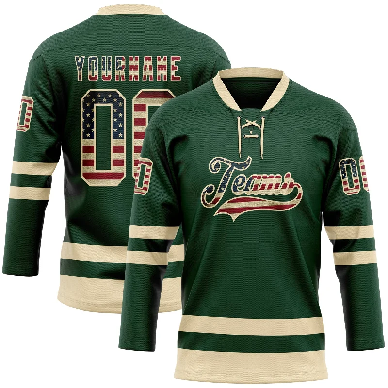 Custom hockey jersey for school leagues-Custom Green Vintage USA Flag-Cream Hockey Lace Neck Jersey