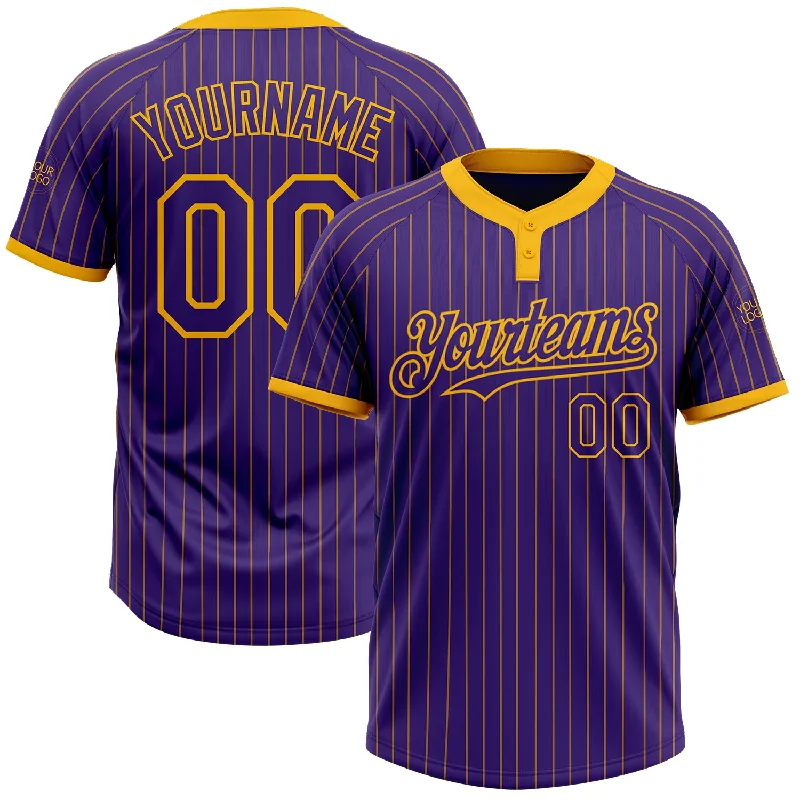 Softball jersey with reinforced stitching for durability-Custom Purple Gold Pinstripe Gold Two-Button Unisex Softball Jersey