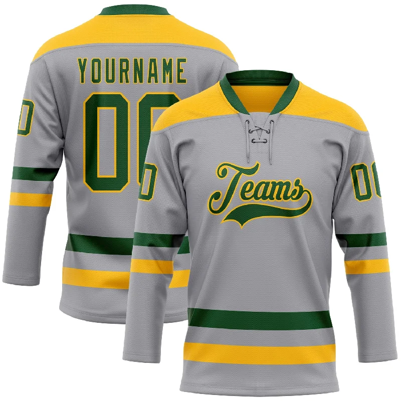 Custom hockey jersey with signature team logos-Custom Gray Green-Gold Hockey Lace Neck Jersey