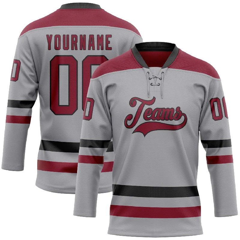 Personalized hockey jersey with team name and colors-Custom Gray Crimson-Black Hockey Lace Neck Jersey