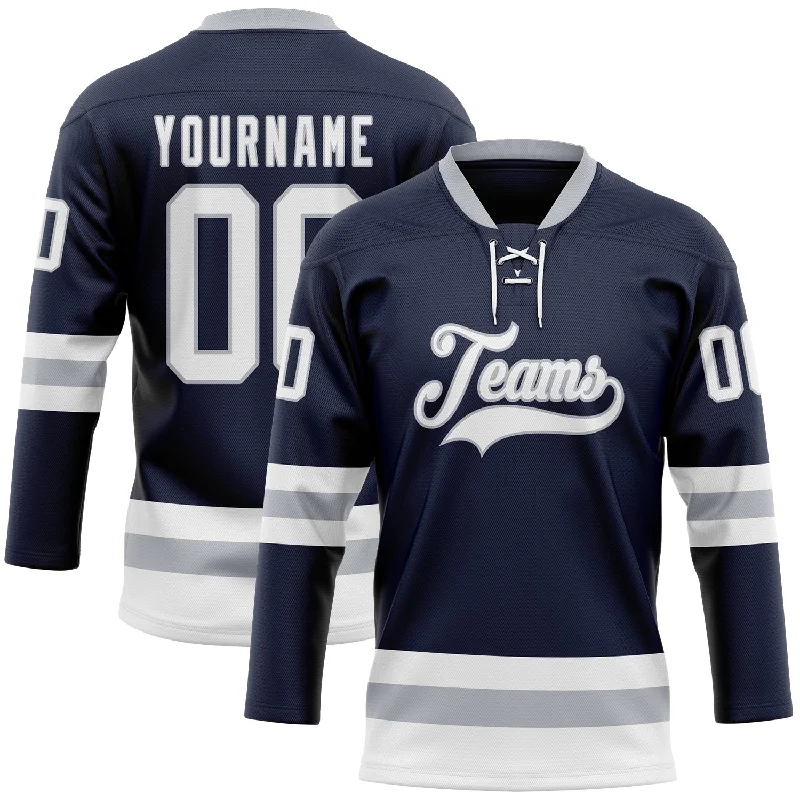 Hockey jersey with a comfortable fit for casual wear-Custom Navy White-Gray Hockey Lace Neck Jersey