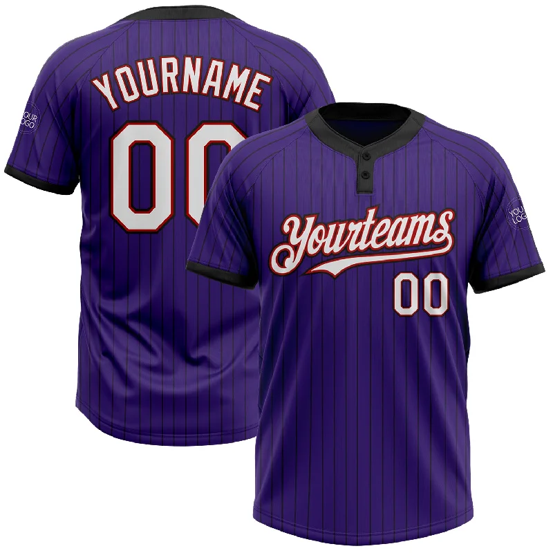 Softball jersey with thermal regulation for cooler play-Custom Purple Black Pinstripe White-Red Two-Button Unisex Softball Jersey